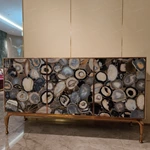 Artistic Agate Stone Pattern Sideboard Cabinet with Natural Wood Veneer and Brass-Tone Base